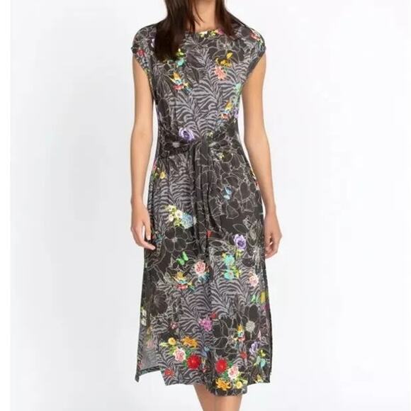Johnny Was Dresses & Skirts - Johnny Was Zippy Floral Midi Dress Tie Waist Boho Cotton Grey Multicolor Size XS